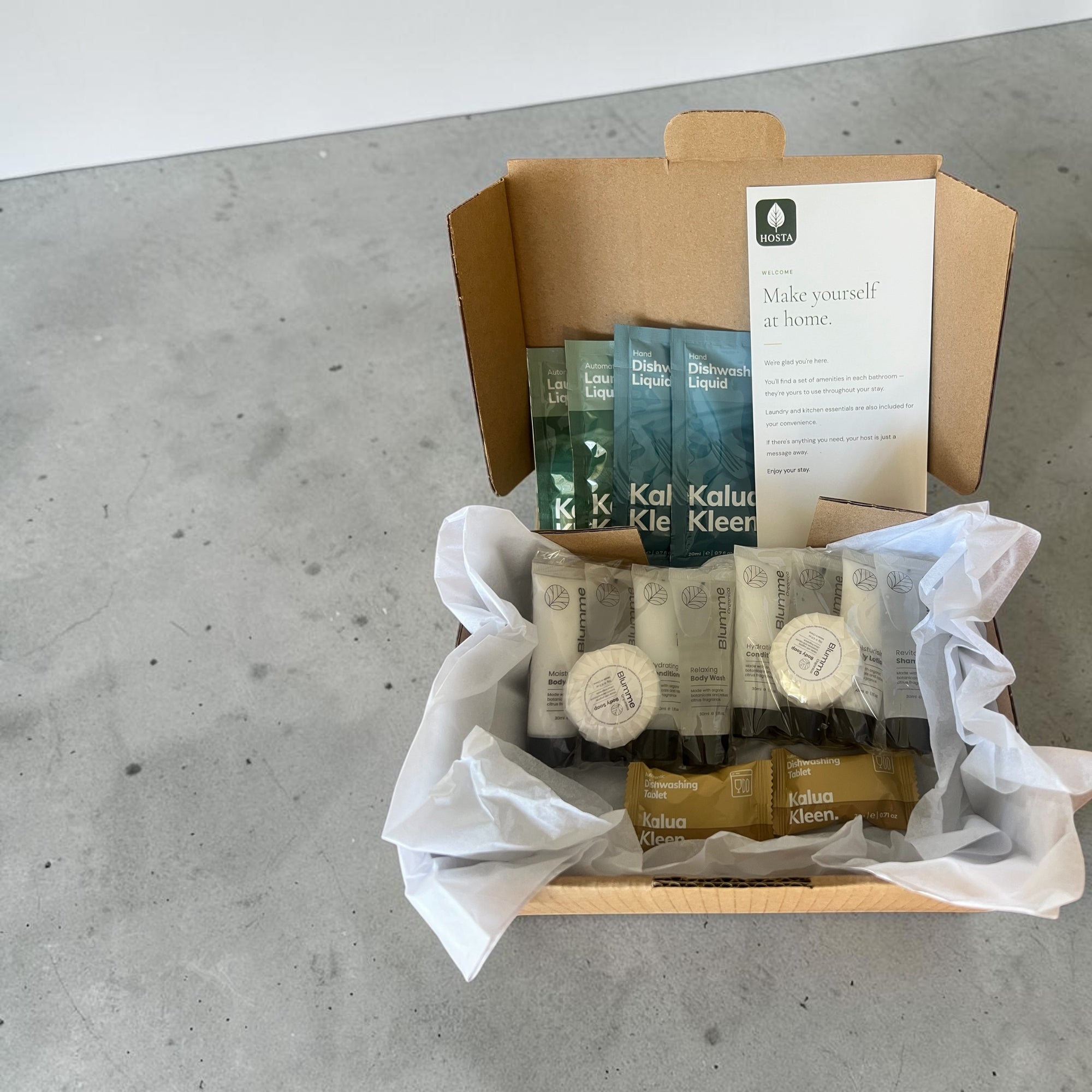 Hosta guest pack for Airbnb hosts with eco-friendly amenities and cleaning sachets