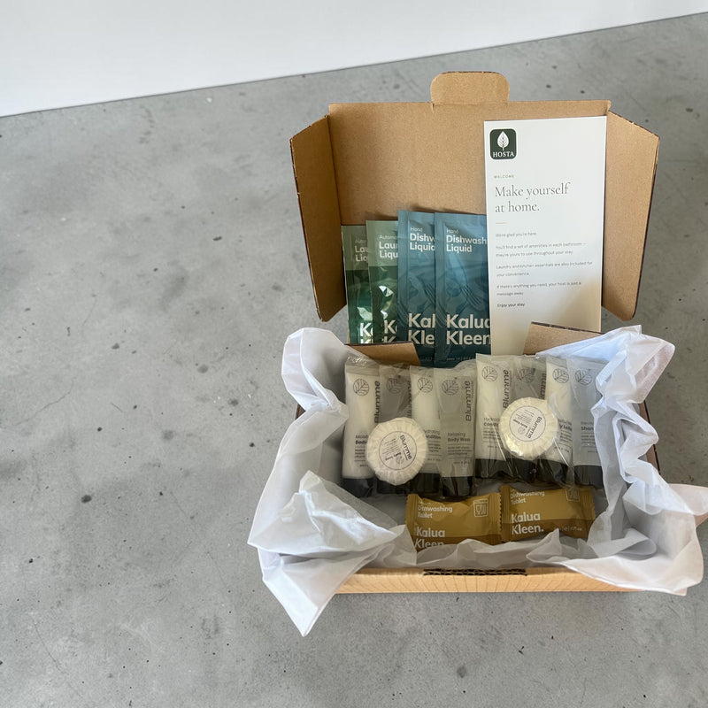 Hosta guest pack for Airbnb hosts with eco-friendly amenities and cleaning sachets